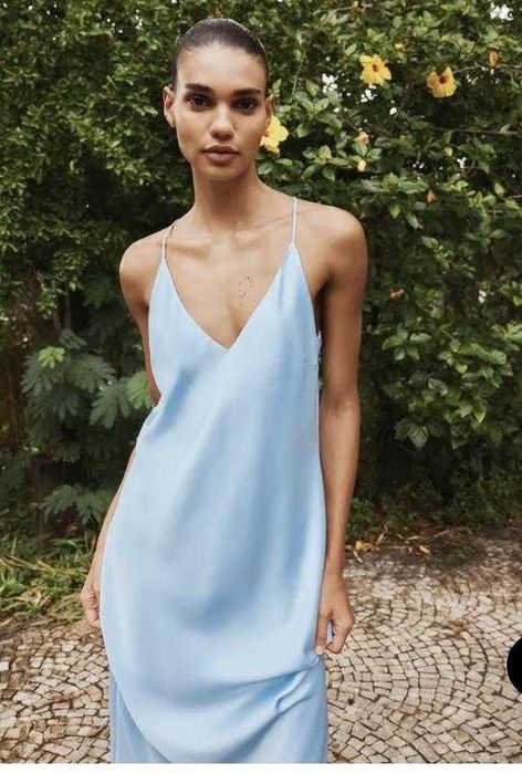 Zara rochie midi lunga baby blue satin spate decupat v