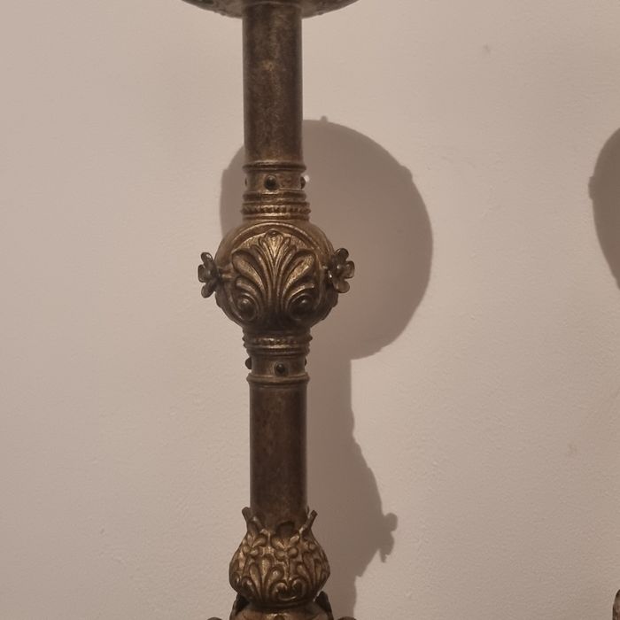 Pereche sfeșnice vechi din bronz și alamă, 45 cm, stil baroc / rococo