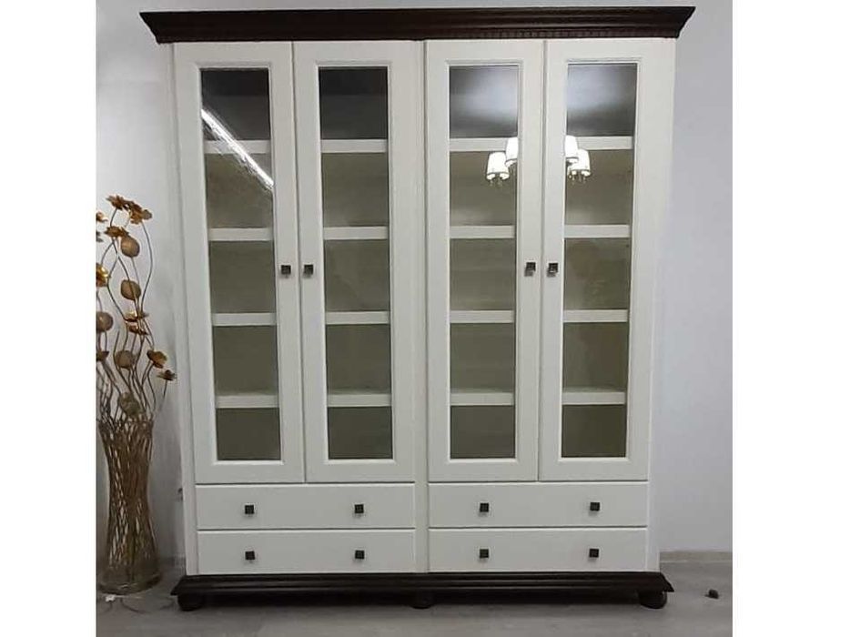 Vitrina biblioteca din lemn masiv Bucovina, dubla, usi cu sticla