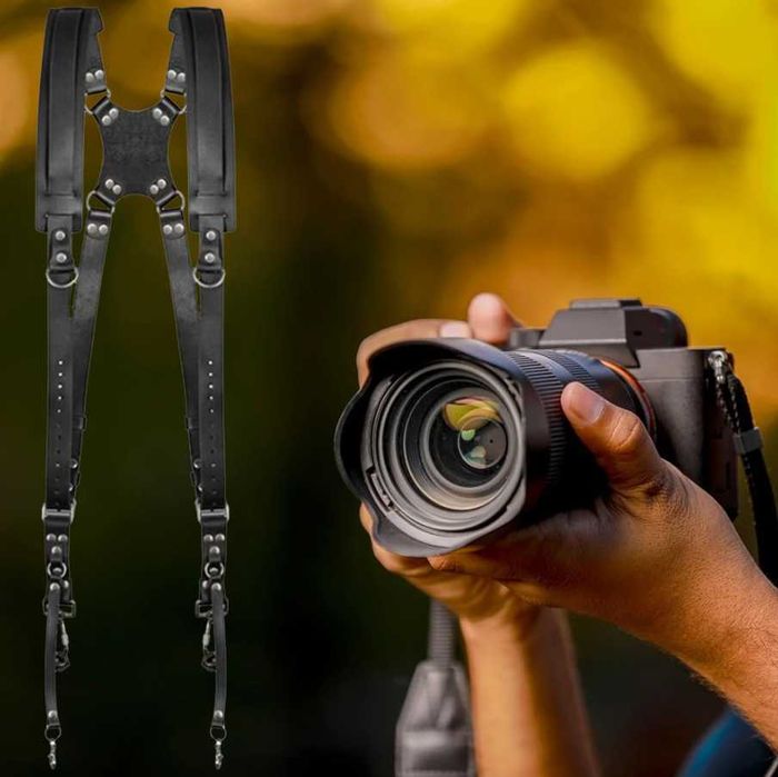 Кожен двоен ремък за два фотоапарата – Canon, Nikon, Sony