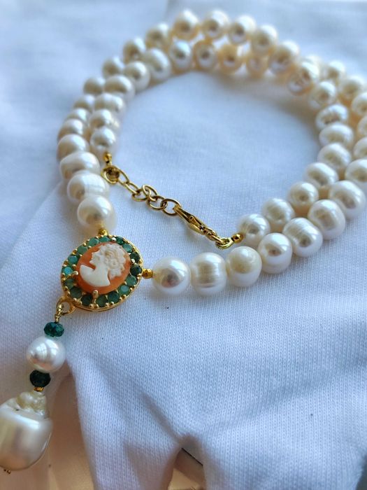 925- Colier Argint Cu Perla Naturala, Smarald , Camee