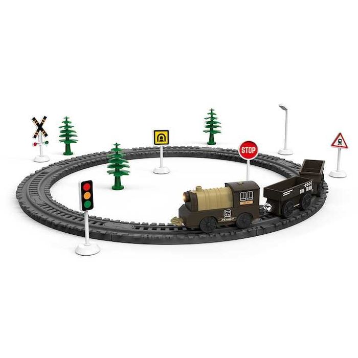 Circuit tren electric cu lumini retro,+3 ani cu accesorii,35 piese,nou