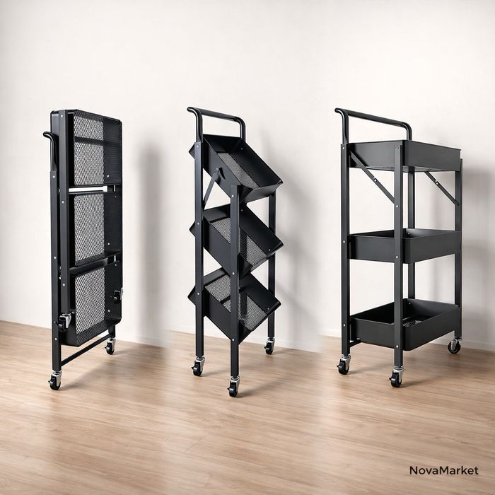 Складная металлическая этажерка-тележка на колёсах, 3 уровня