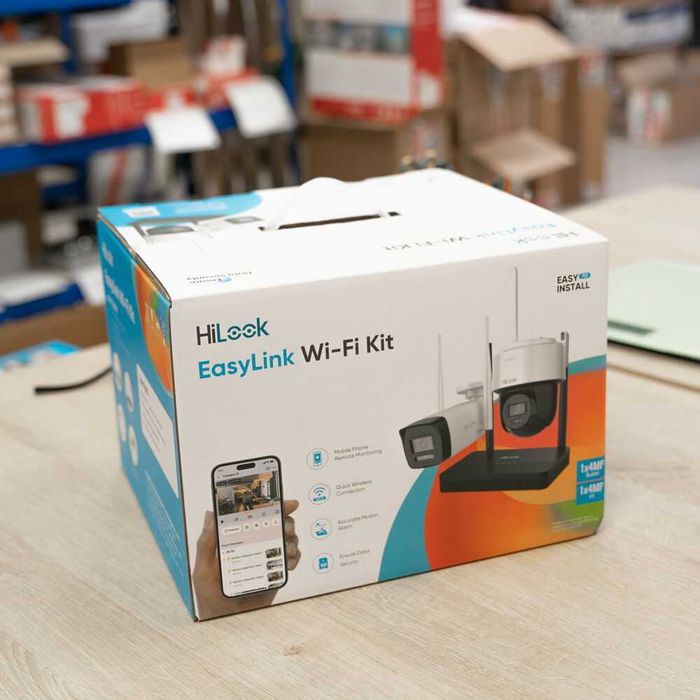 Kit sistem supraveghere 2 camere WiFi, NVS HiLook 4MP PTZ, card 256GB nou sigilat