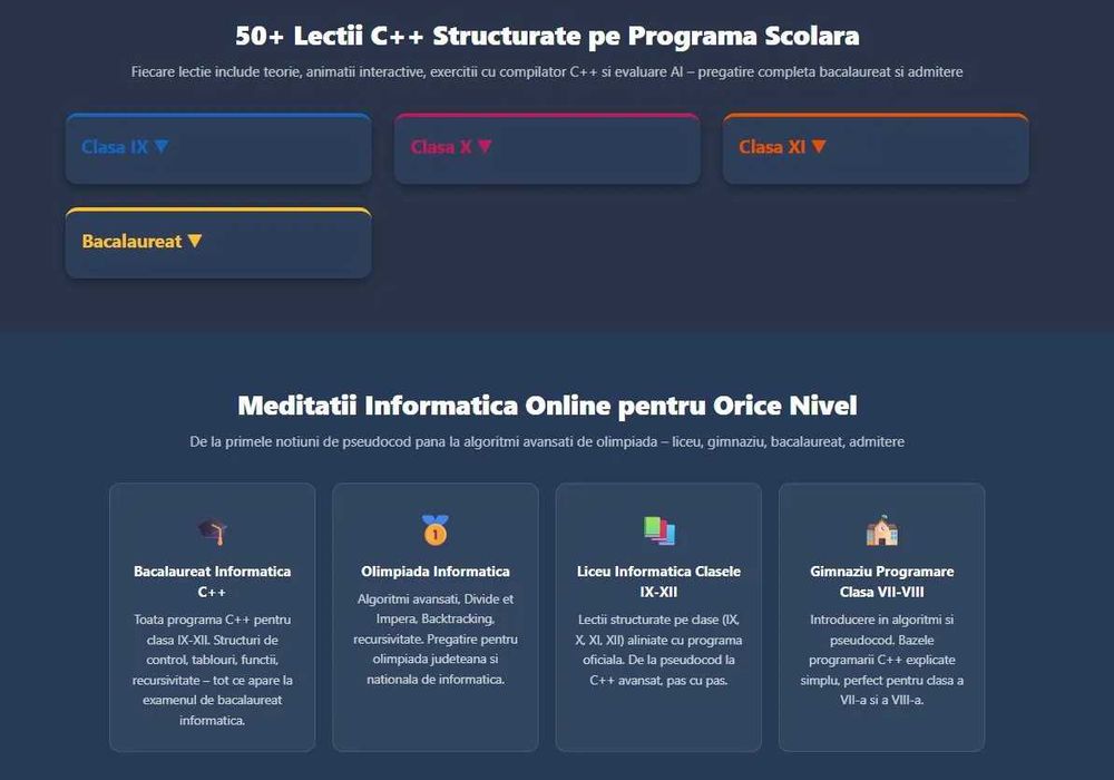 Meditații Informatică Online C++ Lecții-Programa Școlară + Profesor AI
