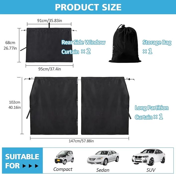 Комплект затъмняващи автомобилни завеси ZATOOTO, 3 части
