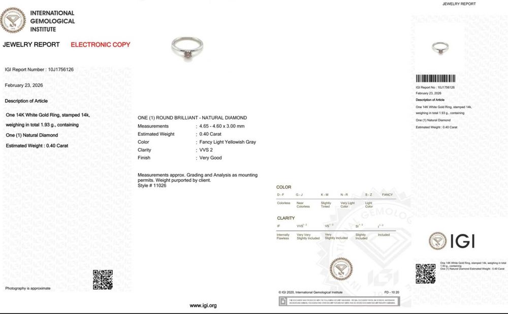 Inel aur alb 14K cu diamant natural 0.40 ct VVS2 – certificat IGI