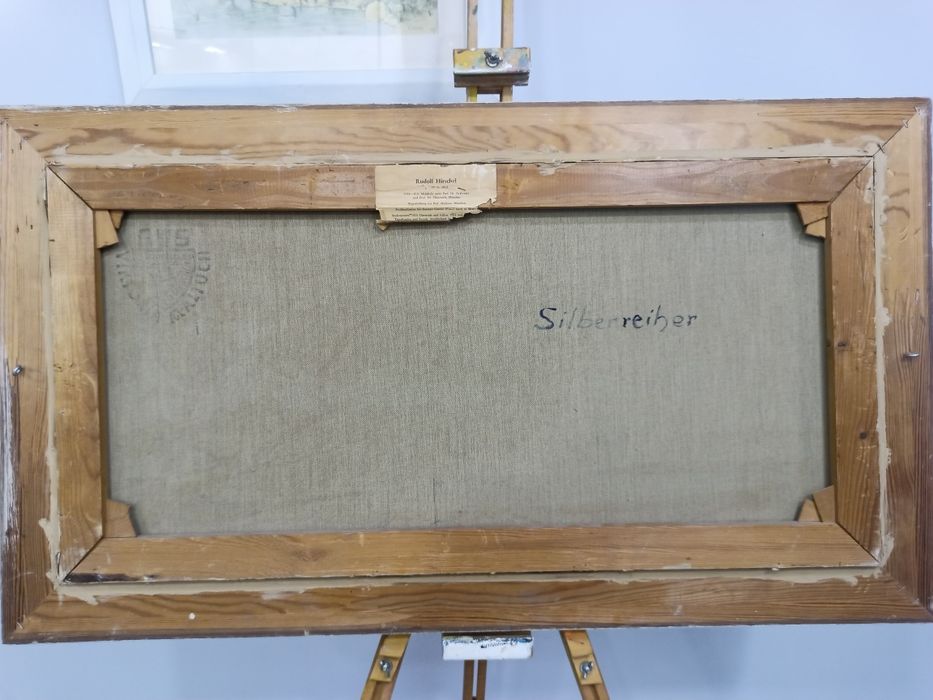 Голяма оригинална маслена картина "Silberreiher" (Бяла чапла) от немския художник Рудолф Хиршел – Мюнхенска школа