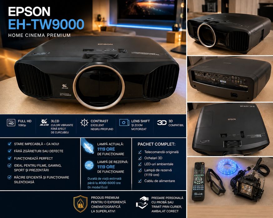 Vând Epson EH-TW9000 – Home Cinema Premium | Stare Impecabilă | 3D | Lampă Rezervă