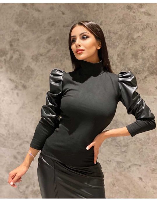 Bluza eleganta cu mâneci bufante din piele ecologica