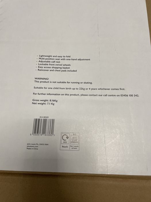 Cărucior de zi cu zi, negru John Lewis