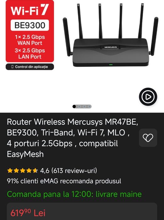 Router Wireless Mercusys MR47BE, BE9300, Tri-Band, Wi-Fi 7, MLO , 4 porturi 2.5Gbps , compatibil Easymesh