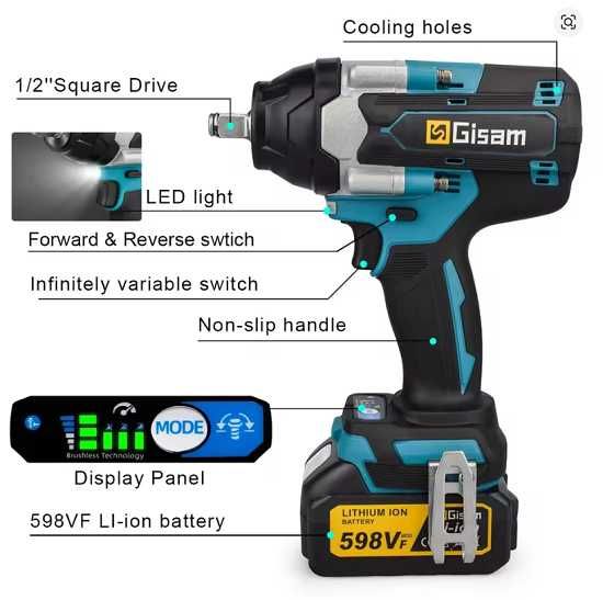 Gisam Безчетков ударен гайковерт 1/2 инчов 1800N.M 18V две батерии