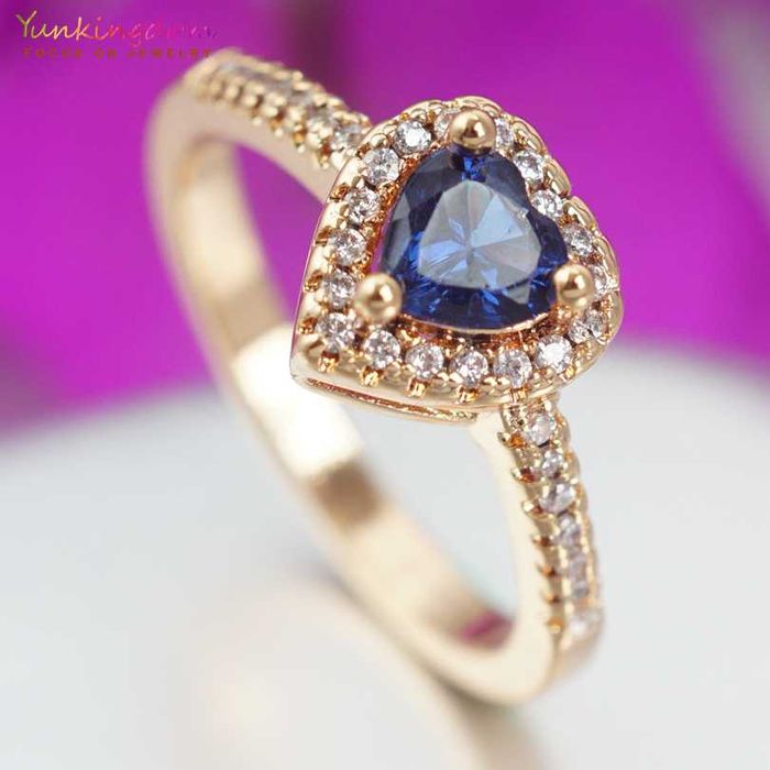 GR83,inel placat aur 18k,inima, zirconiu alb/albastru, ideal logodna