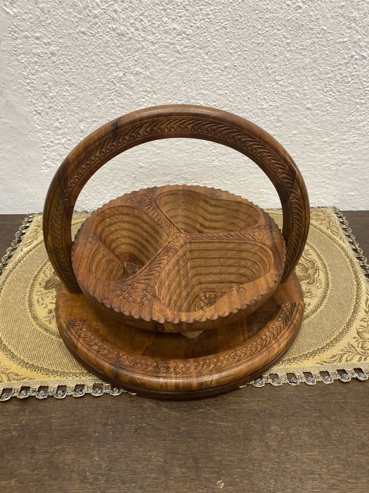 Ръчно резбована тикова фруктиера поднос Англия 1960-те