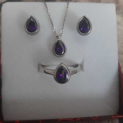 Set argint cu ametist cercei pandant lant inel reglabil