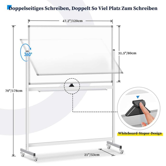 Tablă albă mobilă maxtek 120 × 80 cm, cu două fețe, suport și suprafață magnetică, ramă din aluminiu