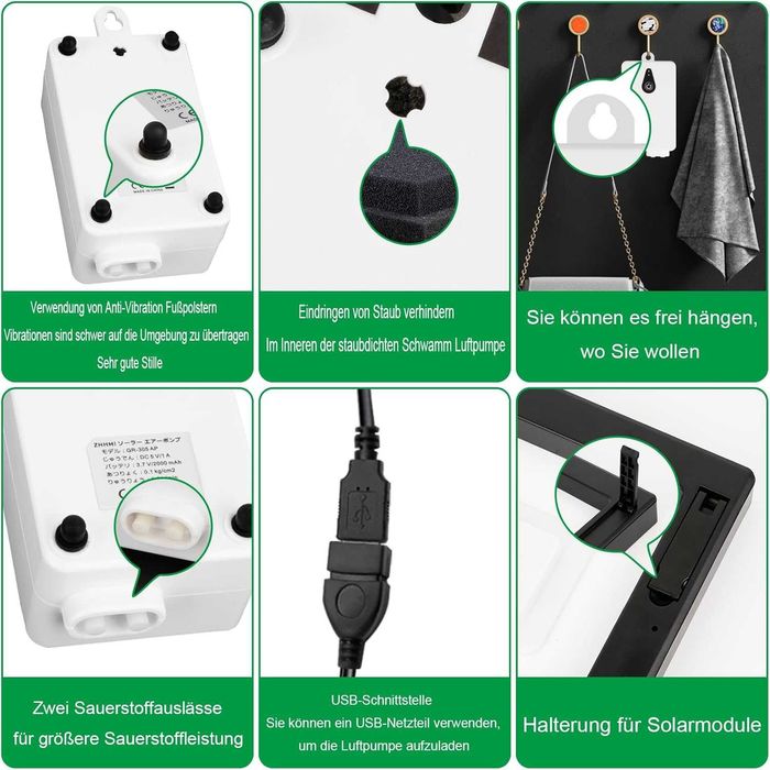 НОВА! Соларна въздушна помпа 2W, с USB и соларно зареждане, 2000 mAh