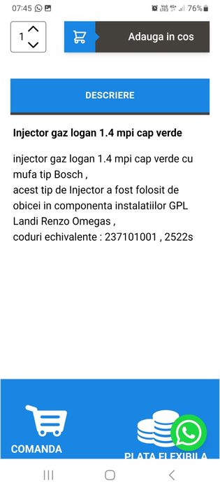 Vând injector GPL dacia logan ,instalație landi renzo