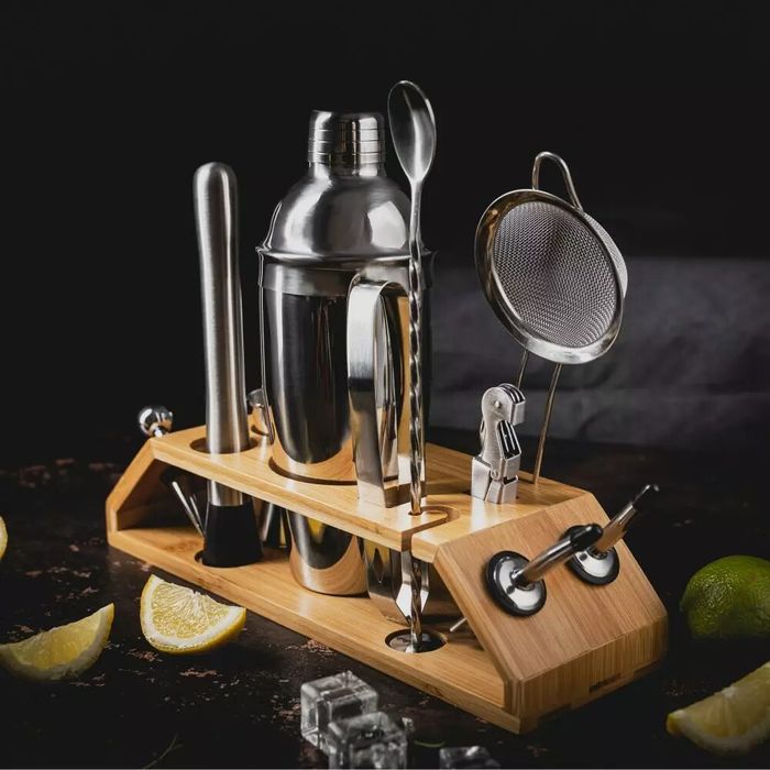 Set barman pentru bauturi, cocktailuri, shaker, 13 piese, argintiu,