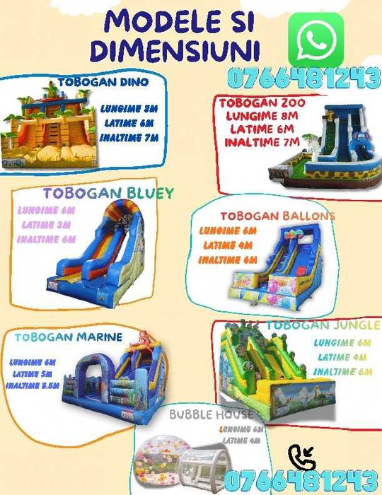 Tobogane gonflabile, bubble house, popcorn, vata de zahar, animatori, baloane face painting mascote