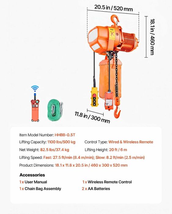 Palan electric cu lant 500 kg, ridicare 6 m, trifazat, doua viteze, telecomanda fara fir 100 m si cu fir 4,5 m, lant G80