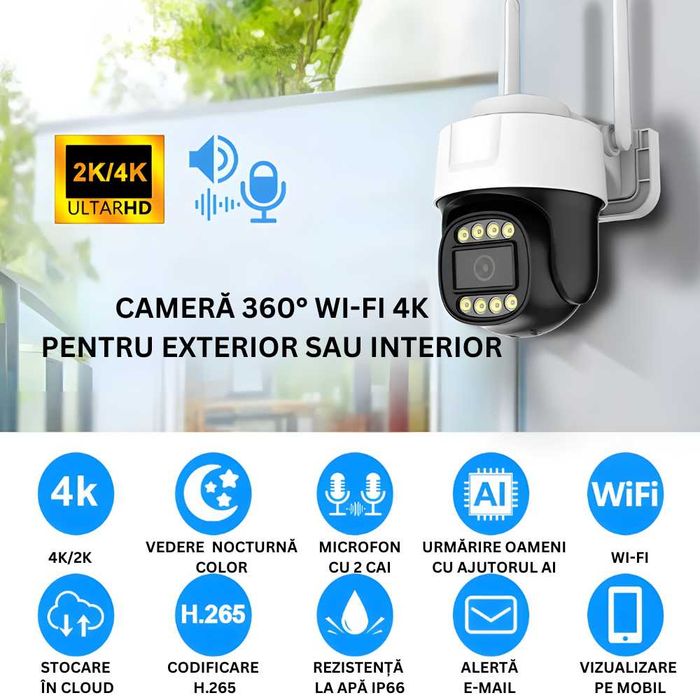 Camera de Supraveghere 4K Exterior/Interior,Wi-Fi 2.4Ghz si 5Ghz,360°