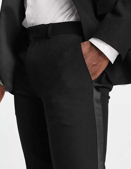 Pantaloni eleganti skinny texturati cu banda laterala satinata Topman