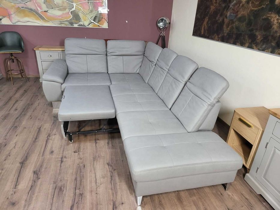 Сив ъглов диван от плат с функция сън и ракла Rhone