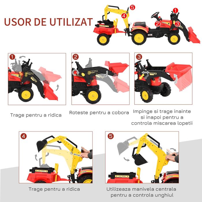 Tractor / buldozer cu pedale, volan, remorca, cupa