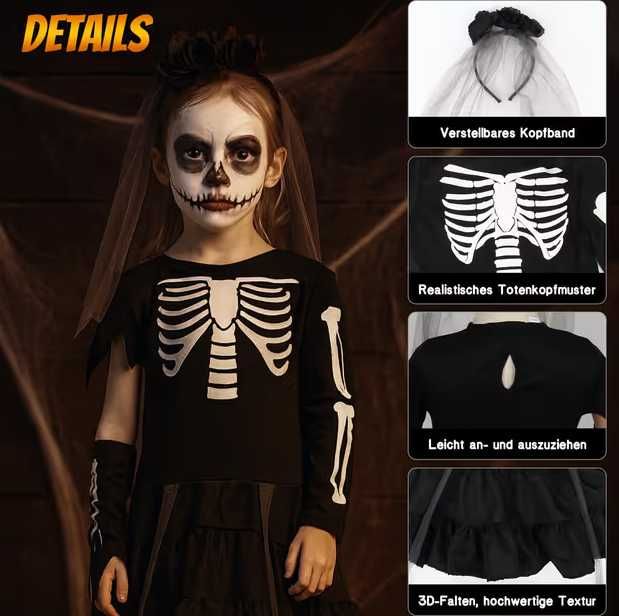 Costum Schelet Copii, mărimea M, Negru, set complet Halloween