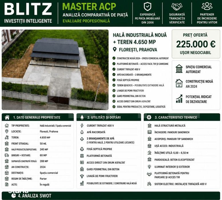 Hala  de vanzare2024, 300 mp, teren intravilan 4.650 mp –Floresti, P