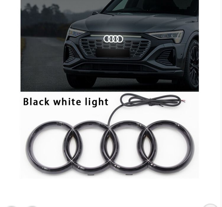 Lampă emblemă grilă față LED auto 249 mm alb negru, lumină albă statică pentru modelele A3, A4, A5