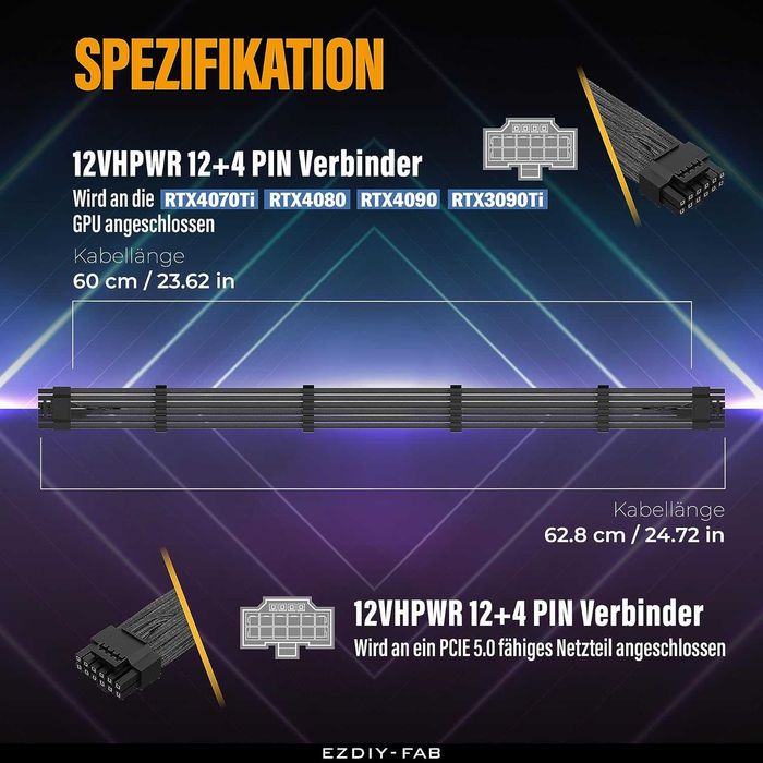 Cablu alimentare PSU sursa PC alimentare EZDIY-FAB 16AWG 12+4 pini mascul/mascul male/male pentru GPU placa video PCIe 5.0 12VHPWR