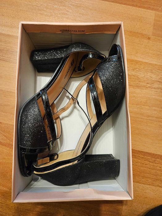 Sandale negre cu toc 8 cm, culoare neagra cu sclipici