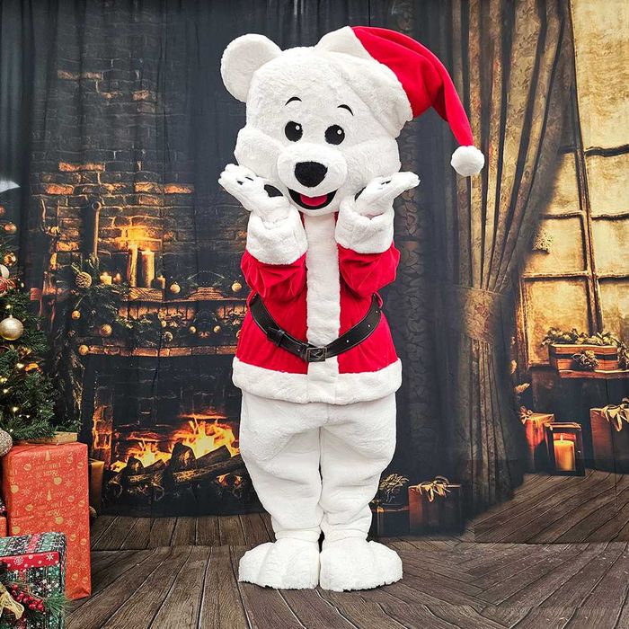 Costum Mascotă Urs Polar Alb de Crăciun pentru Adulți – Mascotă Profesională Handmade cu Costum Moș Crăciun pentru Evenimente și Petreceri