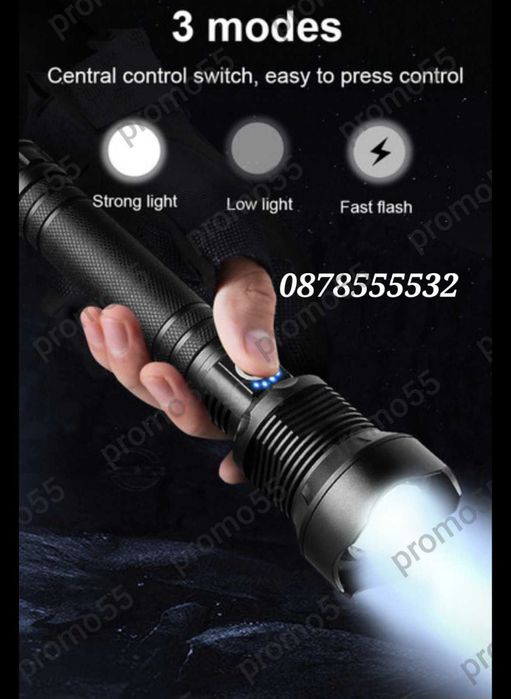 USB Акумулаторен лед фенер Police 900 000W водоустойчив с увеличение