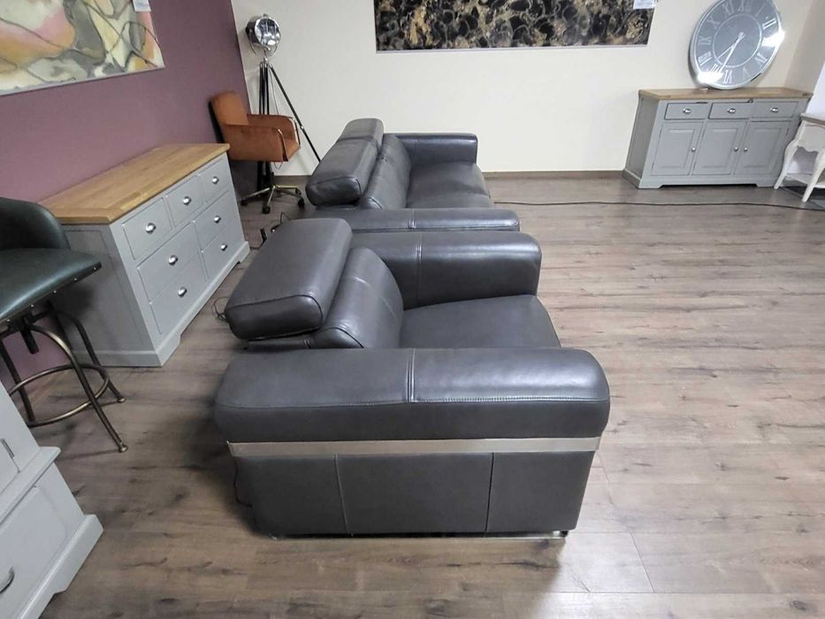 Сив кожен диван тройка и фотьойл Moreno с ел. релакс механизъм