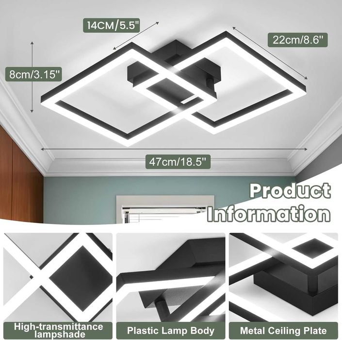 LED лампа за таван 22 W 47 см 6500 K, черна геометрична визия, висок CRI (90+)