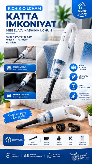 Simsiz mini changyutkich — avtomobil va mebel uchun
Avtomobil salon