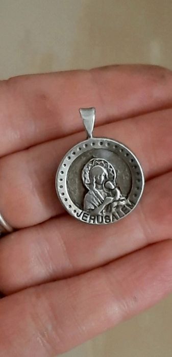Iconita vintage argint cu pamant sfant Ierusalim bratara lemn maslin