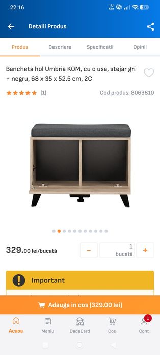 Bancheta hol - Stejar gri