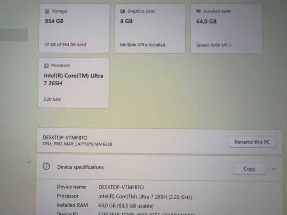 Dell PRO MAX 16 Plus 16"4K Ultra 7 265HX NVIDIA RTX PRO A1000 8GB 64/1