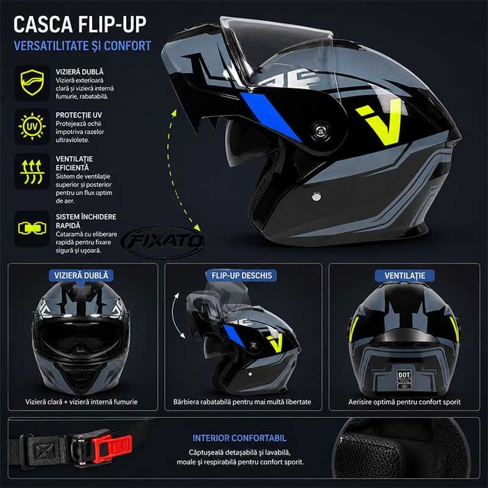 Casca Moto/Scuter Flip-Up, Viziera Dubla, Protectie UV, Albastru Deschis