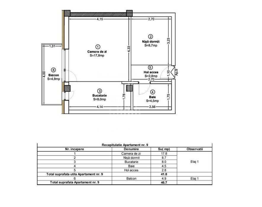 Apartament bloc nou cu 1 camera de vanzare Baciu