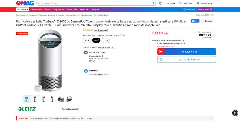 REDUS de la 1540 RON, Purificator aer Leitz TruSens Z-2000 cu Lampa UV eficienta 99.8% si senzor calitate aer