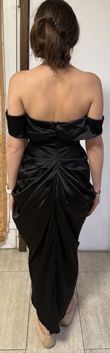 Rochie eleganta neagra satin off shoulder corset slit sexy