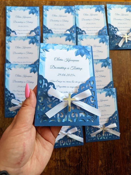 Покана за кръщене, покана с паус, оризова хартия, сухи цветя