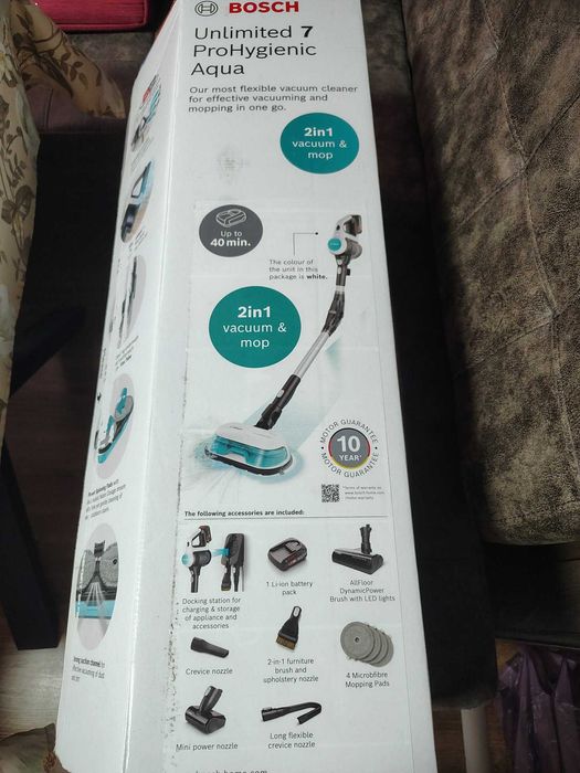 Прахосмукачка Bosch Unlimited 7 ProHygienic Aqua с функция 2 в 1 – прахосмукачка и моп.