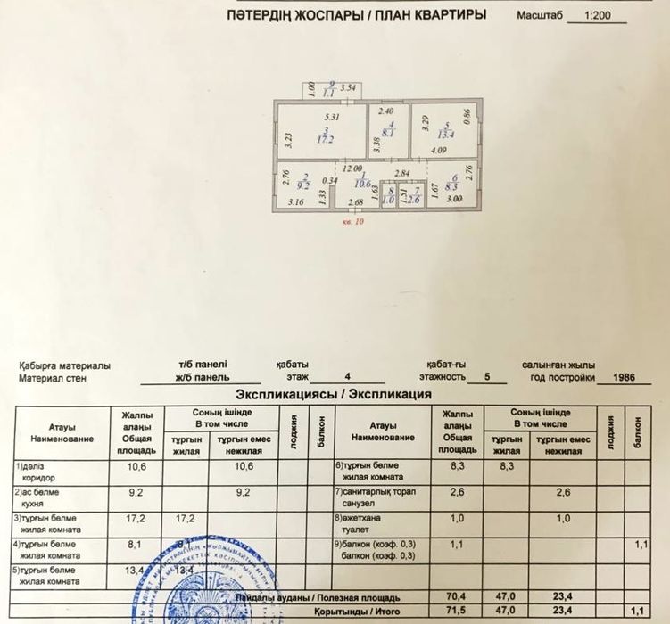 Квартира 4х комн. 71,5 кв.м  Конституции 21, Сарыаркинский р.